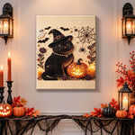 Finished witch black cat halloween vibes pearl diamond painting artwork displayed as holiday home decor
