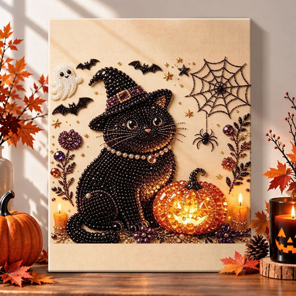 Witch black cat halloween vibes pearl diamond painting kit for beginners