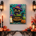 Finished witch black cat in cauldron pearl diamond painting artwork displayed as holiday home decor