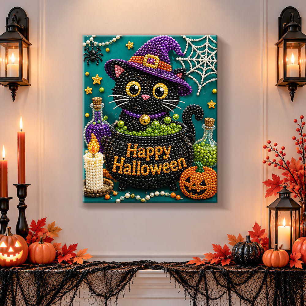 Finished witch black cat in cauldron pearl diamond painting artwork displayed as holiday home decor