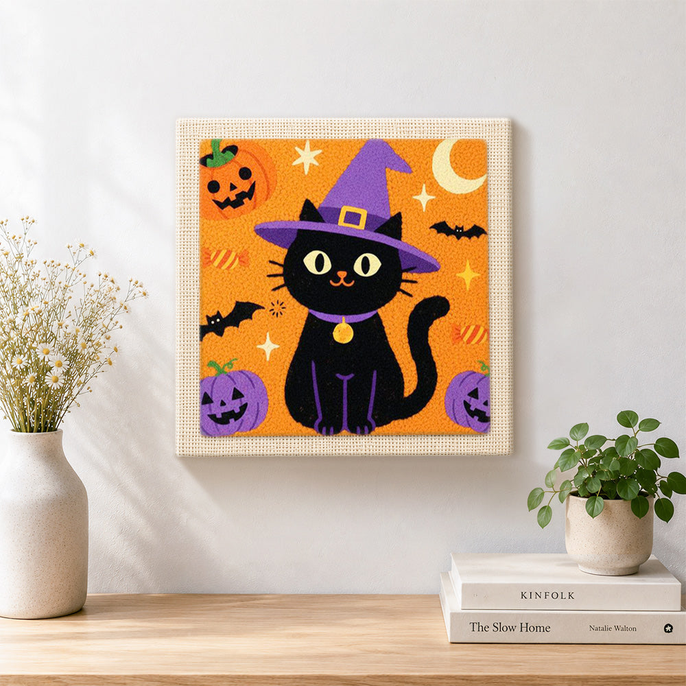 Finished witch black cat artwork displayed on a wall