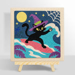 Witch black cat surfing under full moon punch needle kit for beginners