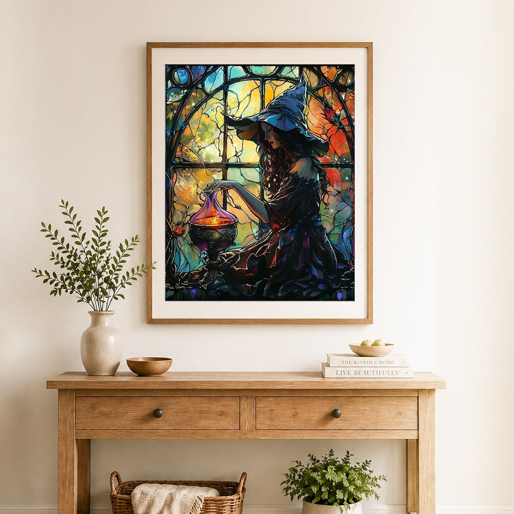 Finished witch brewing potion at window cross stitch artwork displayed as home decor