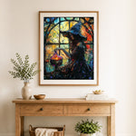 Finished witch brewing potion at window cross stitch artwork displayed as home decor