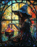 Witch brewing potion at window cross stitch kit for beginners