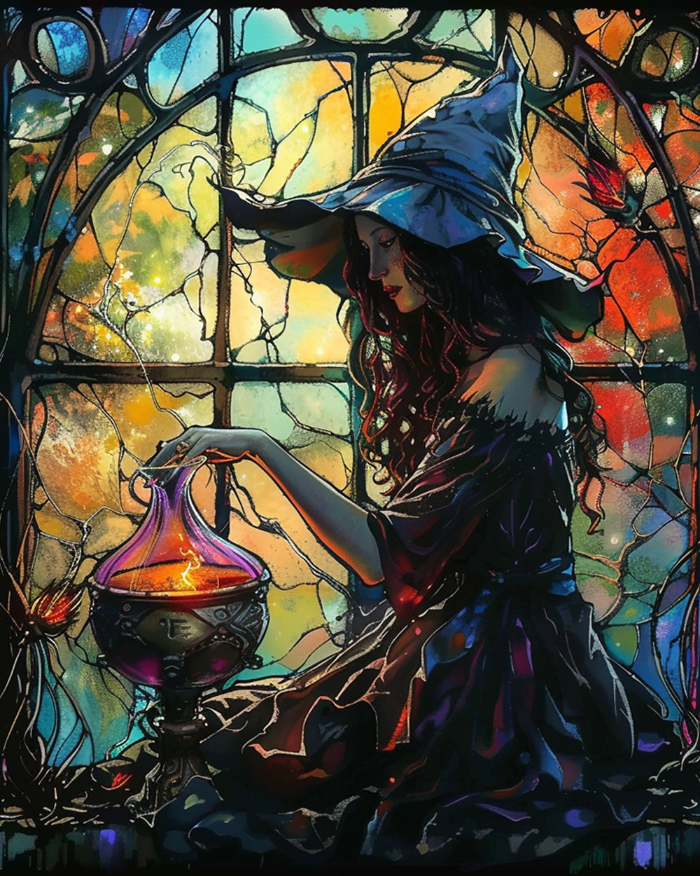 Witch brewing potion at window cross stitch kit for beginners