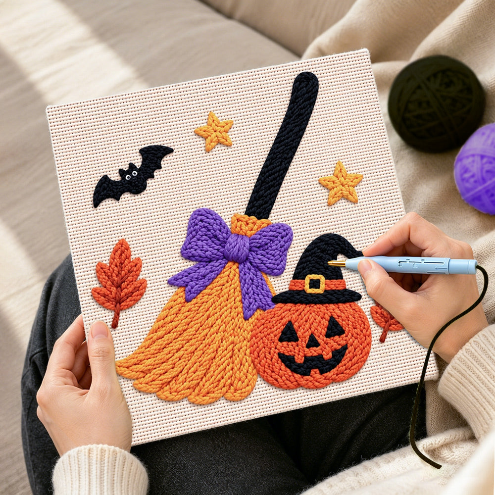 Creating handmade witch broom and jack‑o‑lantern punch needle artwork