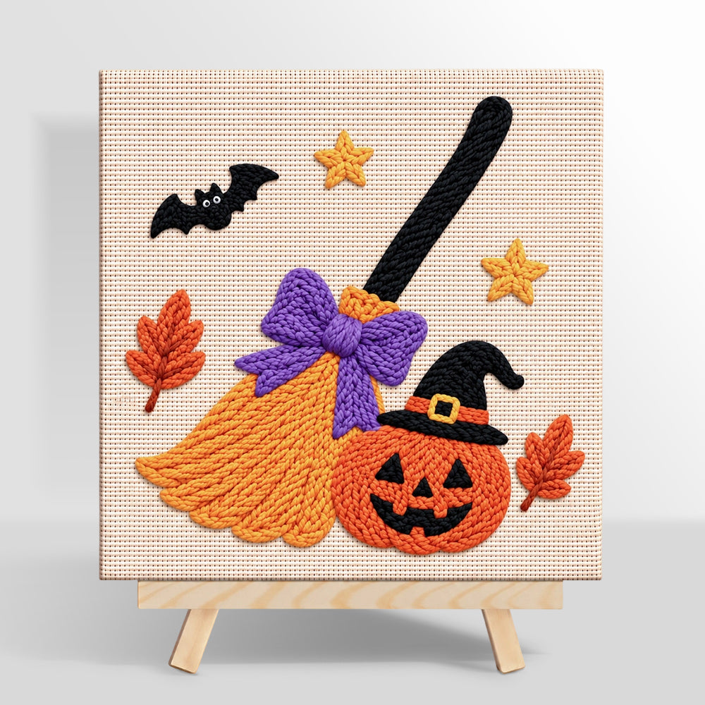 Witch broom and jack‑o‑lantern punch needle kit for beginners