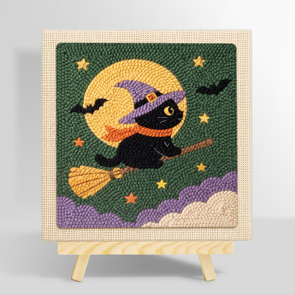 Witch cat on broom punch needle kit for beginners