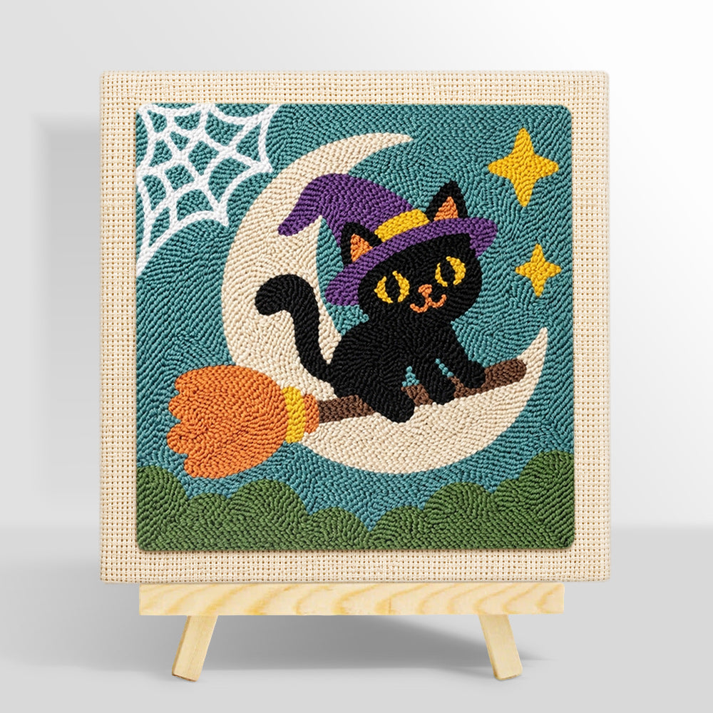 Witch cat on broomstick punch needle kit for beginners