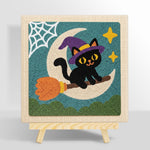 Witch cat on broomstick punch needle kit for beginners