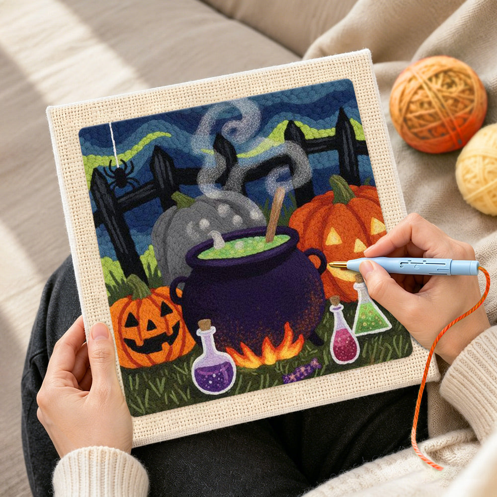 Creating handmade witch cauldron and pumpkins punch needle artwork