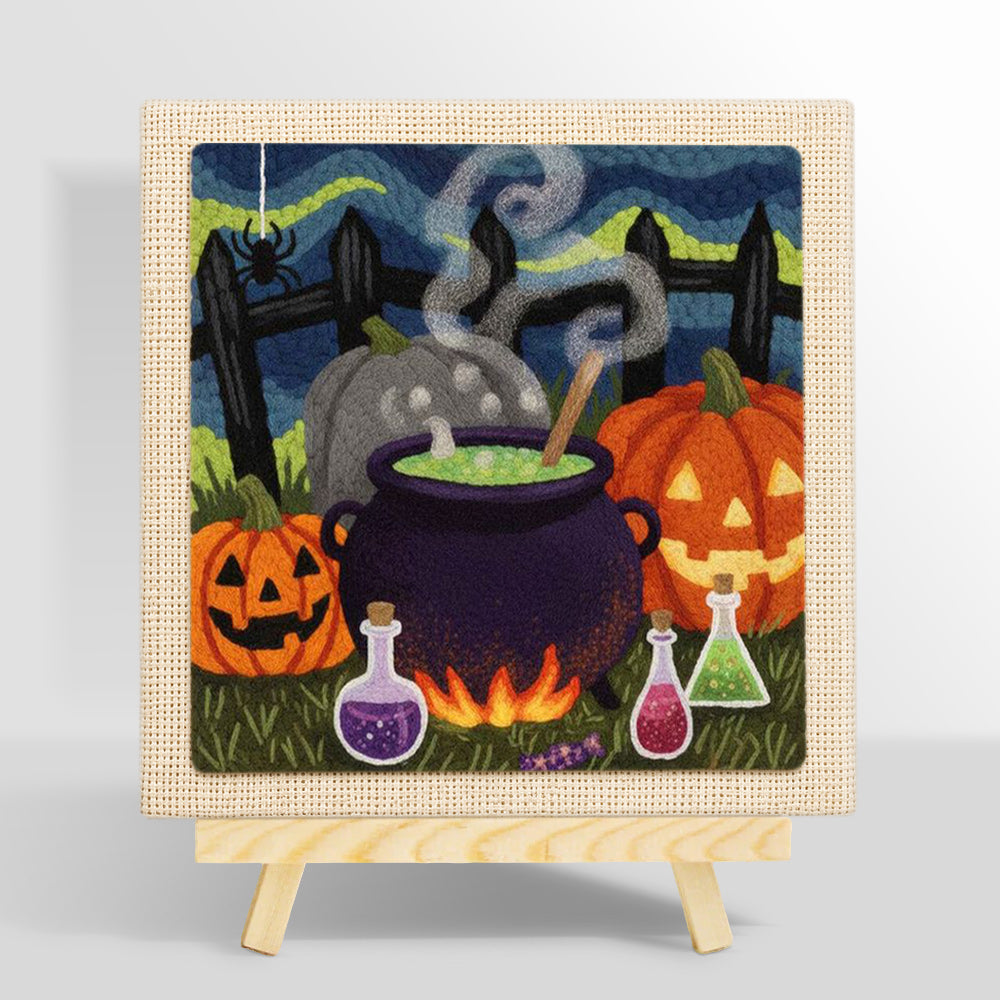 Witch cauldron and pumpkins punch needle kit for beginners