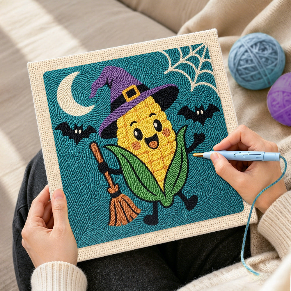 Creating handmade witch corn character punch needle artwork