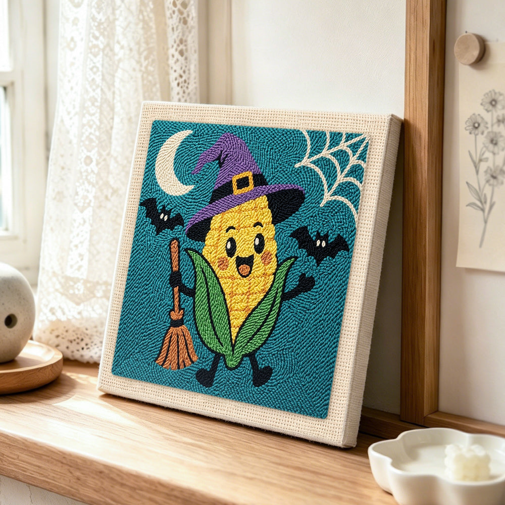 Witch corn character punch needle artwork displayed on a table