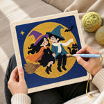 Creating handmade witch couple moon ride punch needle artwork