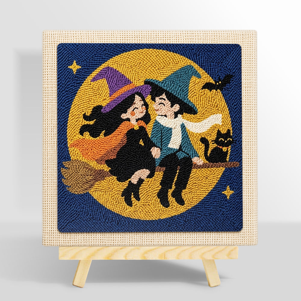 Witch couple moon ride punch needle kit for beginners