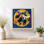 Finished witch couple moon ride artwork displayed on a wall