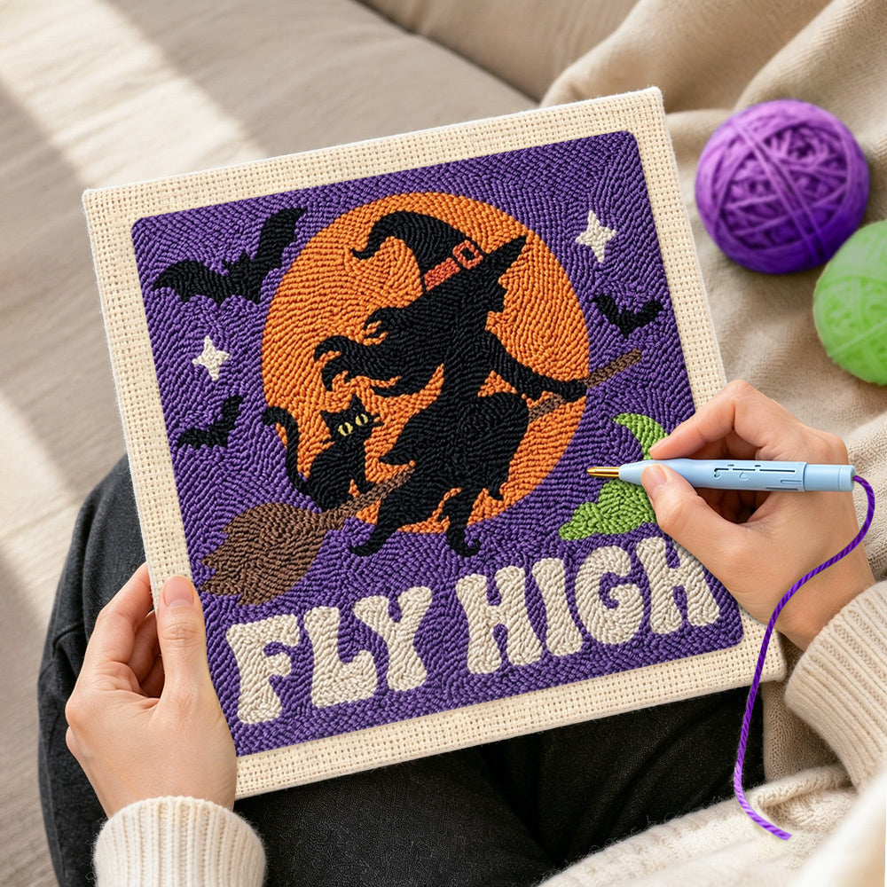Creating handmade witch fly high punch needle artwork