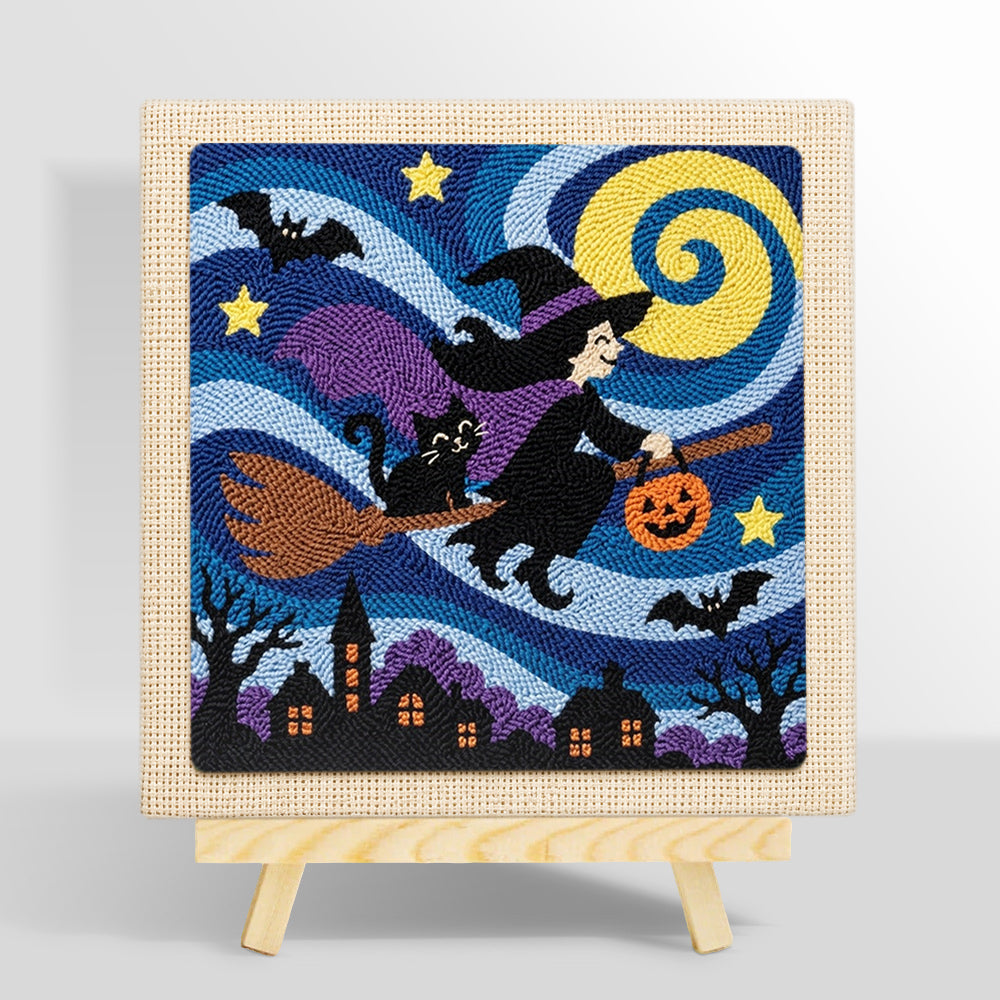 Witch flying on broomstick punch needle kit for beginners