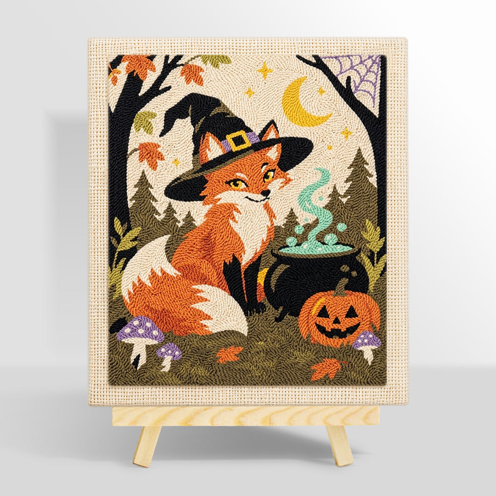 Witch fox with magic cauldron punch needle kit for beginners