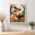 Finished witch fox with magic cauldron artwork displayed on a wall