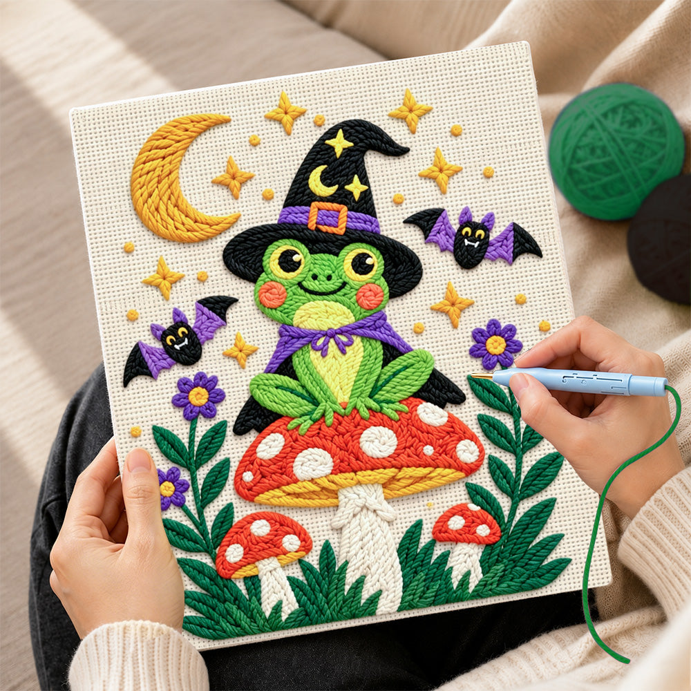 Creating handmade witch frog on mushroom punch needle artwork