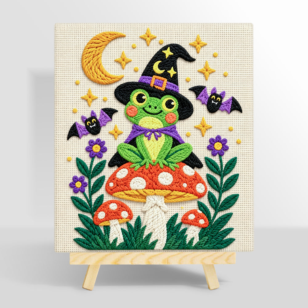 Witch frog on mushroom punch needle kit for beginners