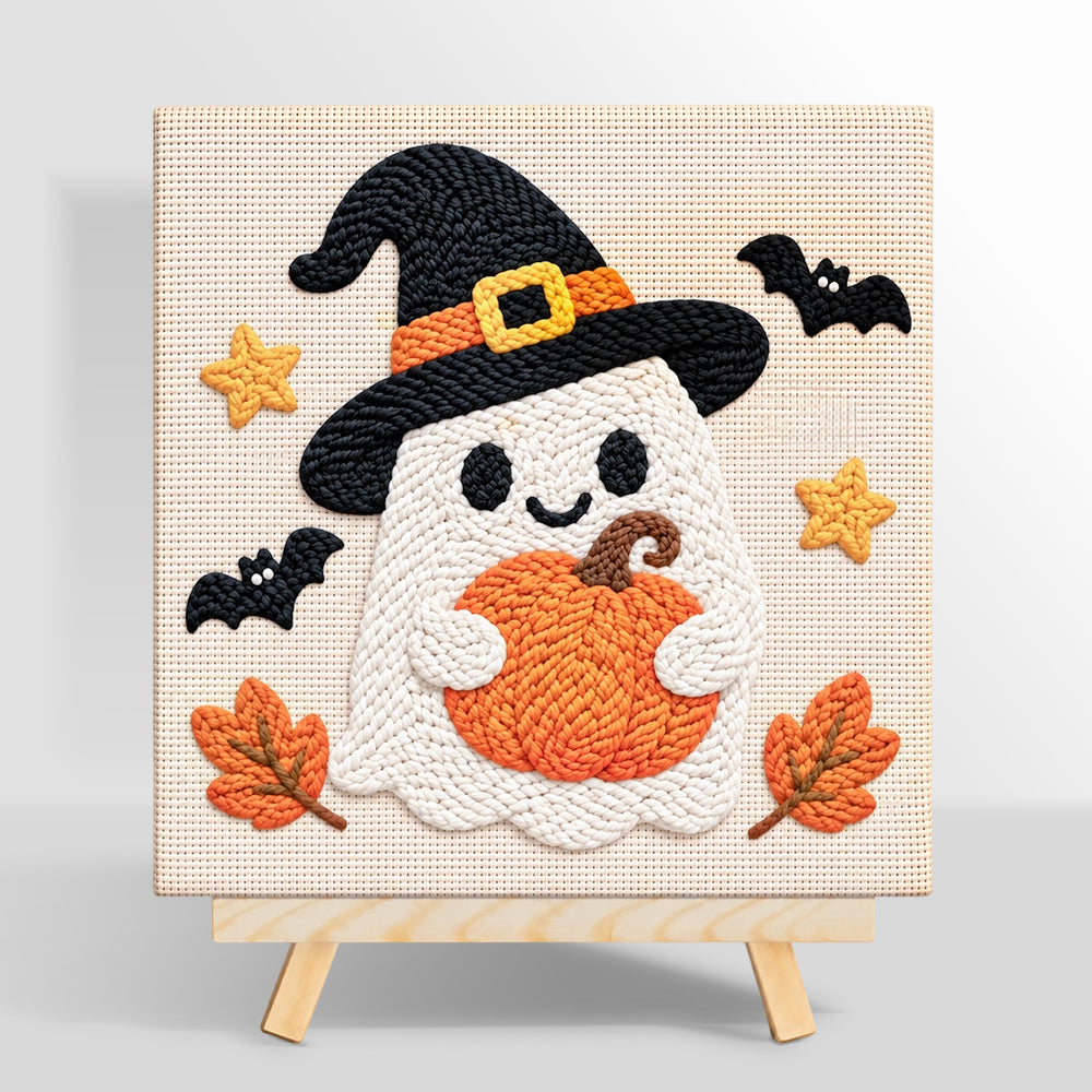 Witch ghost holding pumpkin punch needle kit for beginners