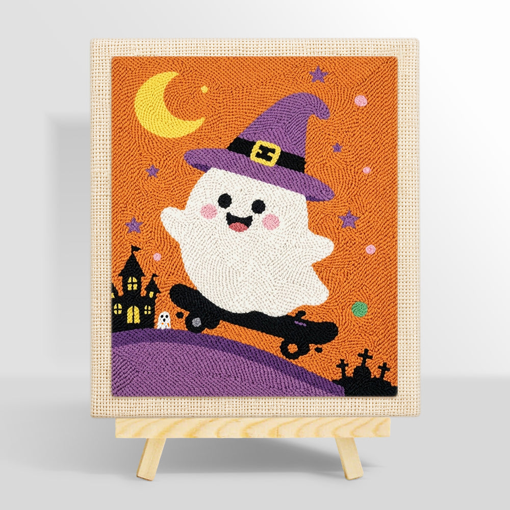 Witch ghost on a skateboard punch needle kit for beginners