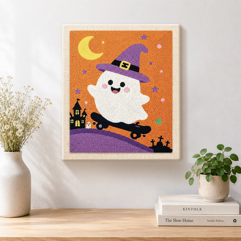 Finished witch ghost on a skateboard artwork displayed on a wall