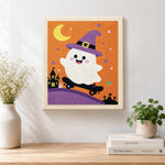 Finished witch ghost on a skateboard artwork displayed on a wall