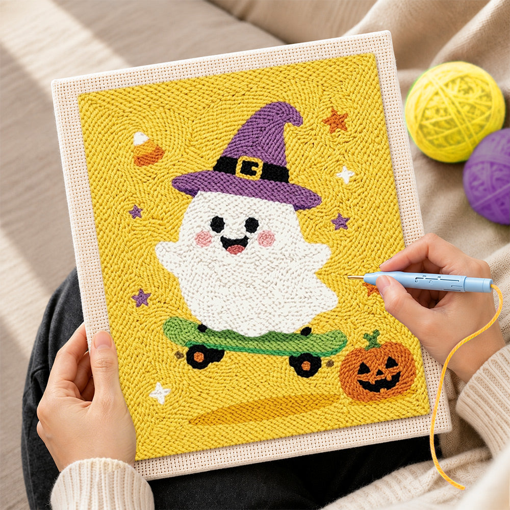 Creating handmade witch ghost skateboarding punch needle artwork