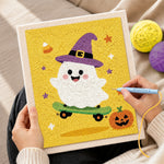 Creating handmade witch ghost skateboarding punch needle artwork
