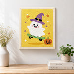 Finished witch ghost skateboarding artwork displayed on a wall