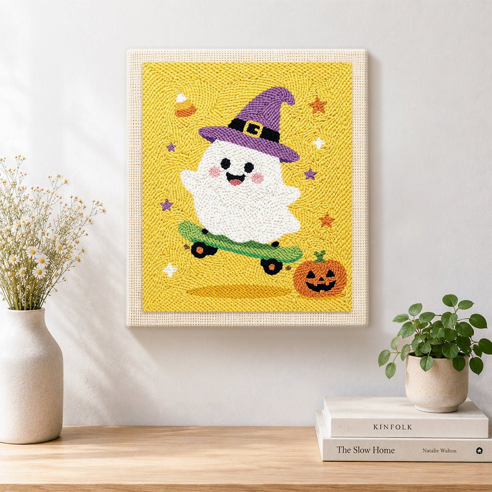 Finished witch ghost skateboarding artwork displayed on a wall