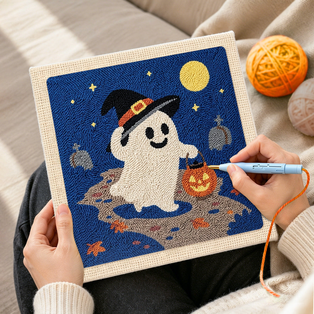 Creating handmade witch ghost trick‑or‑treat punch needle artwork