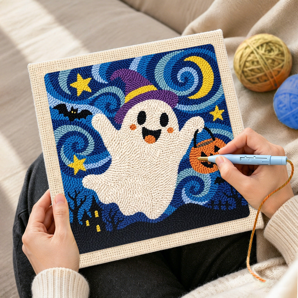 Creating handmade witch ghost with candy bucket punch needle artwork