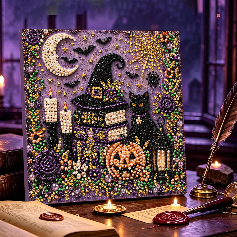 Witch hat and black cat pearl diamond painting kit for beginners