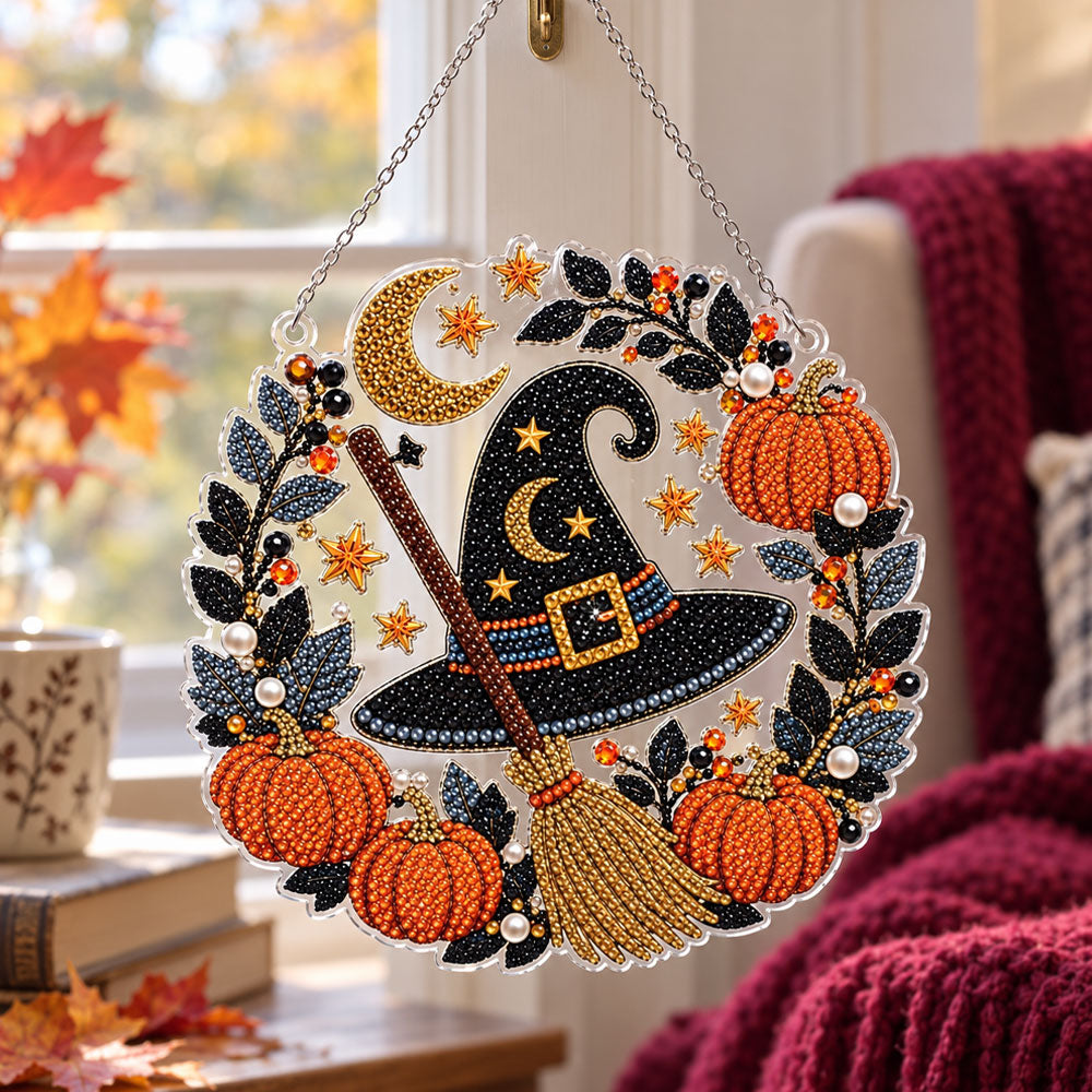 Witch hat and broom pearl diamond painting kit for beginners