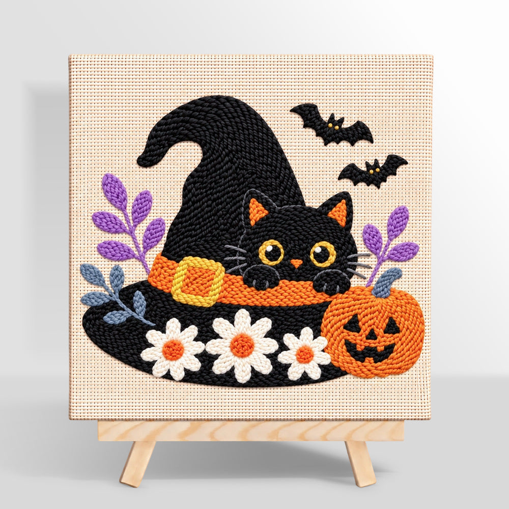 Witch hat black cat punch needle kit for beginners