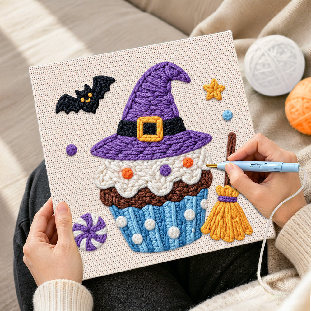 Creating handmade witch hat cupcake punch needle artwork