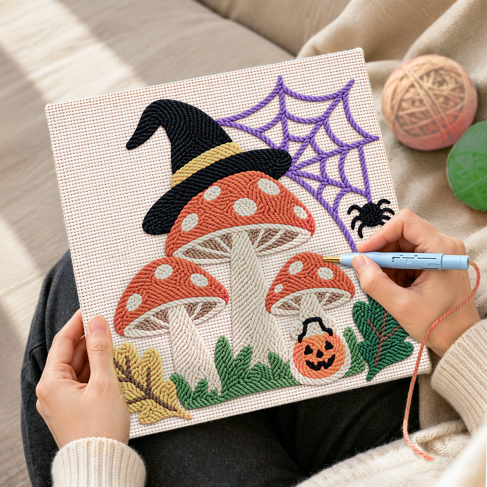 Creating handmade witch hat mushrooms with spider web punch needle artwork