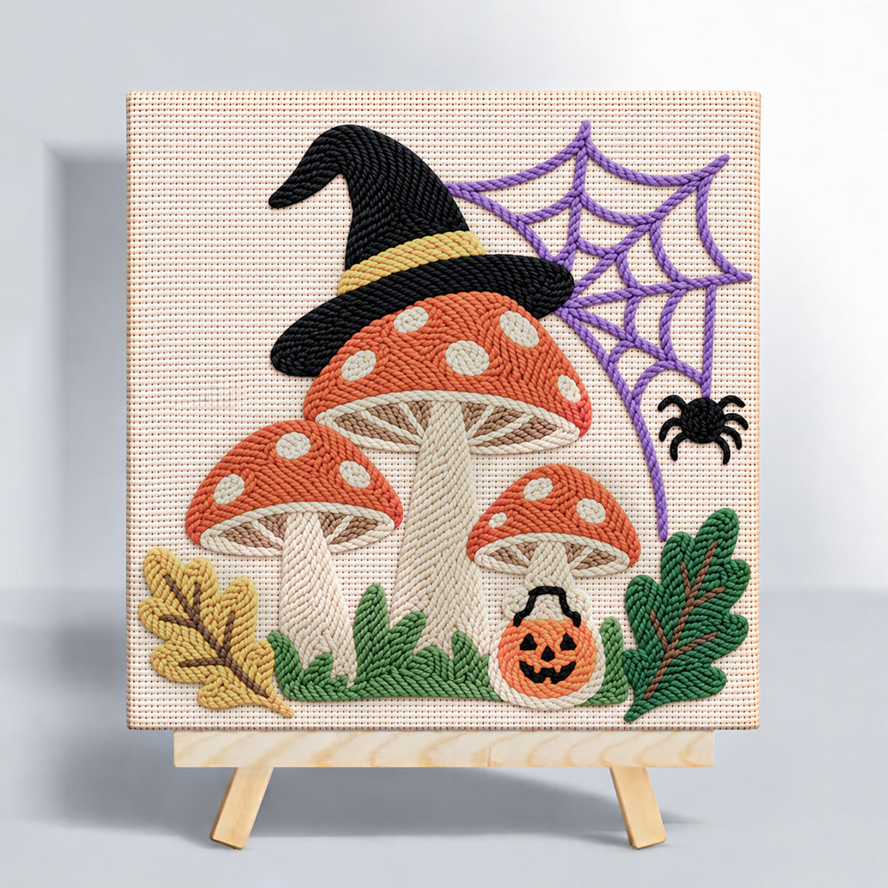 Witch hat mushrooms with spider web punch needle kit for beginners