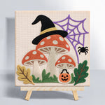 Witch hat mushrooms with spider web punch needle kit for beginners