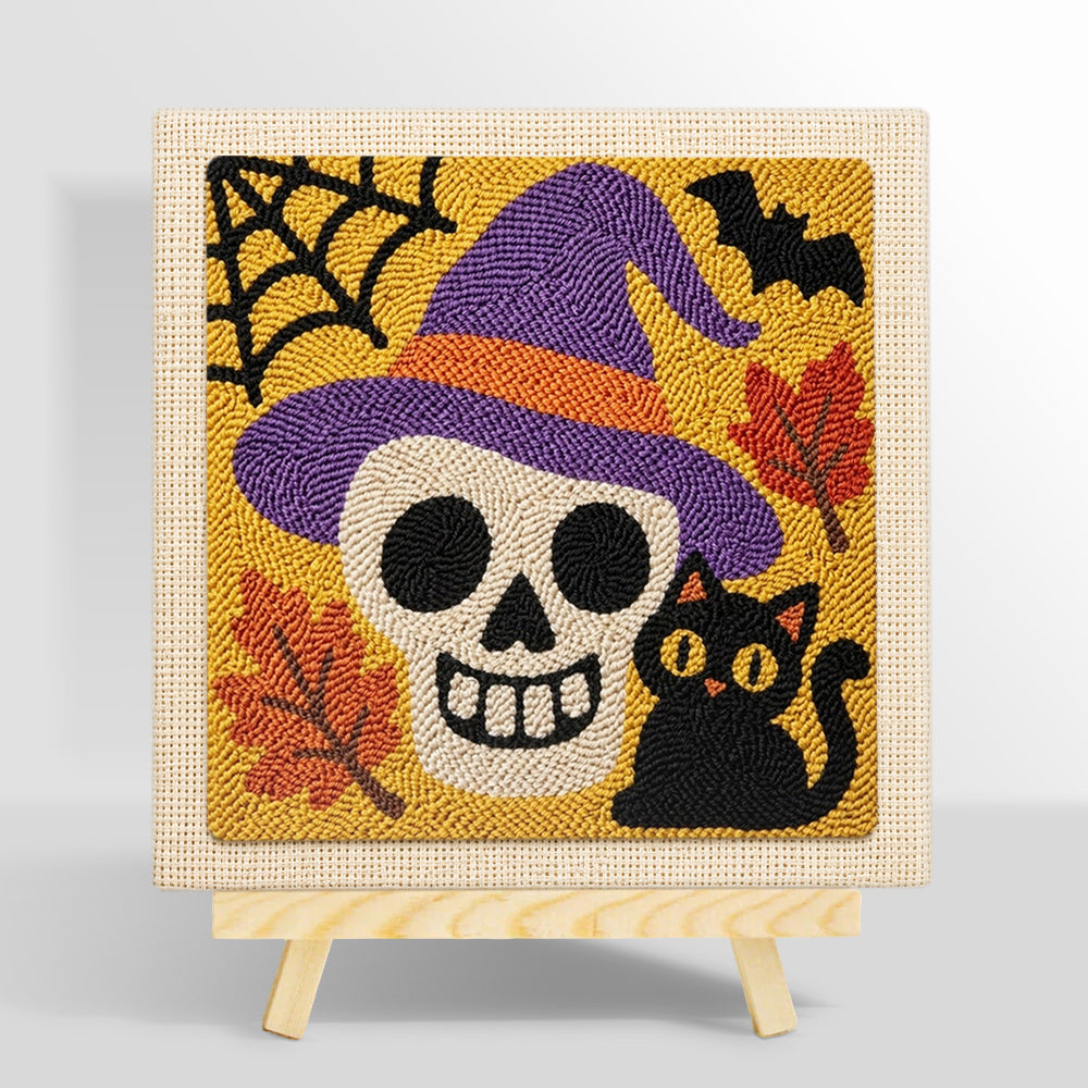 Witch hat skull and black cat punch needle kit for beginners