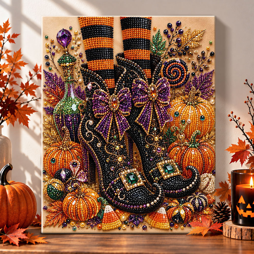 Witch high heels halloween decor pearl diamond painting kit for beginners