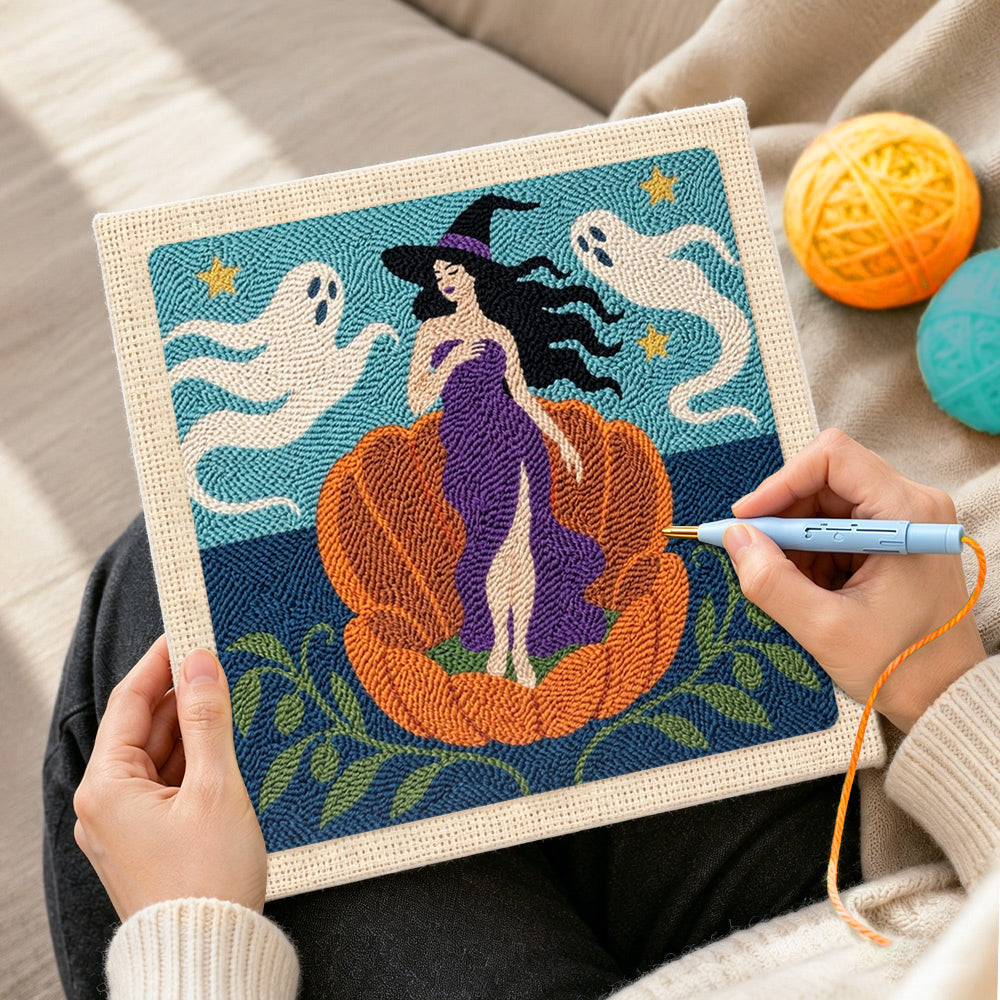 Creating handmade witch in giant pumpkin punch needle artwork