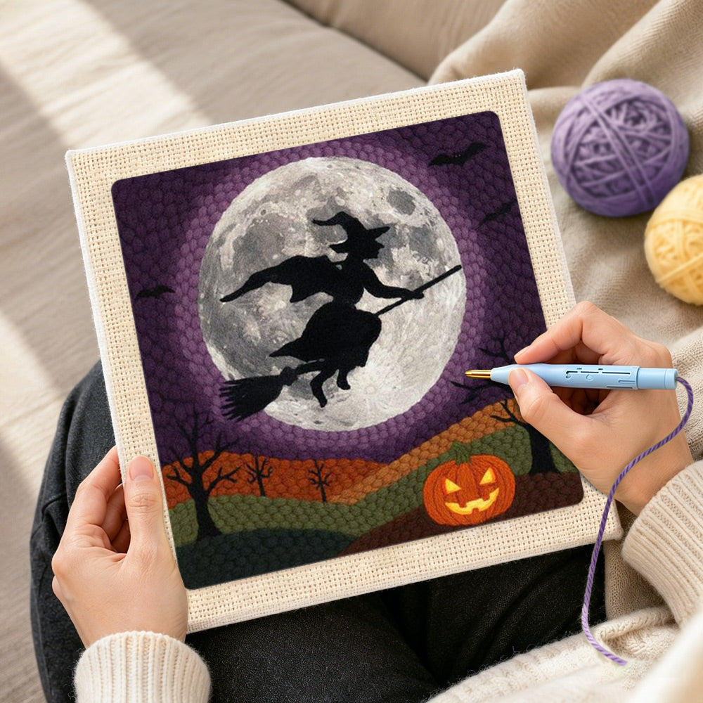 Creating handmade witch moon flight punch needle artwork