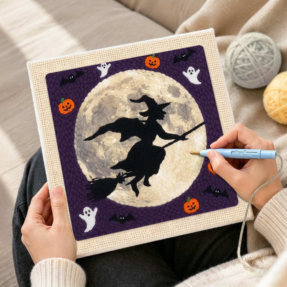 Creating handmade witch moon silhouette punch needle artwork